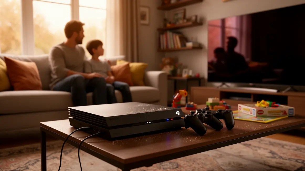 Parent et enfant devant console, mise en avant controle parental