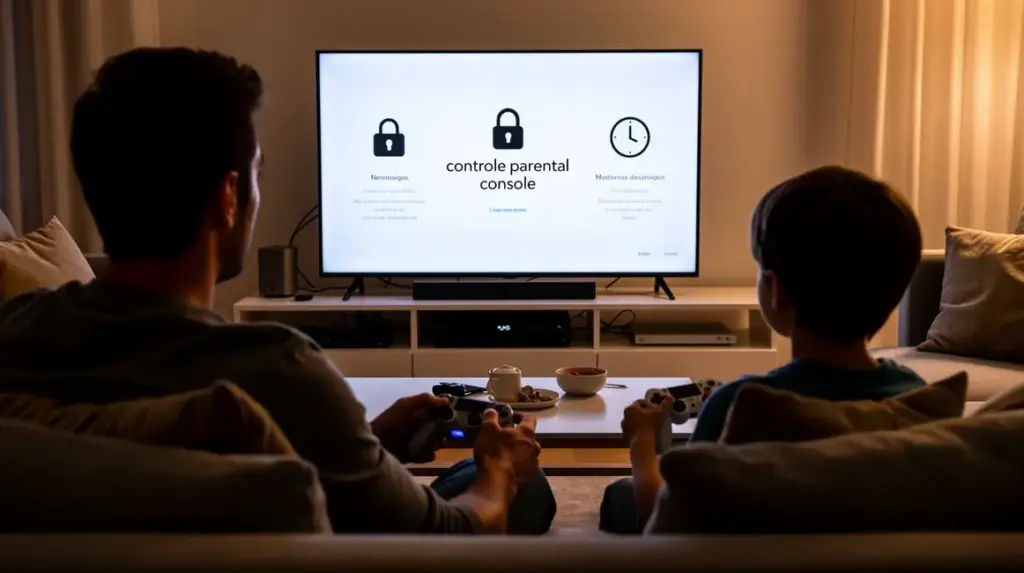 Scène familiale avec console jeux, sécurité et controle parental
