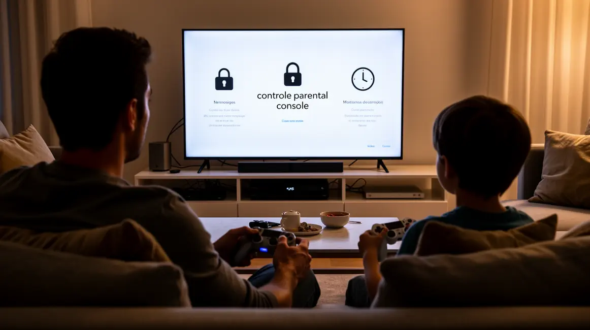 Scène familiale avec console jeux, sécurité et controle parental