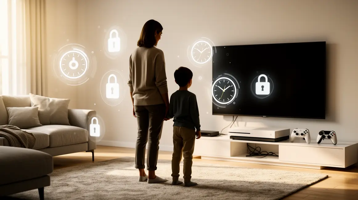 controle parental console avec parent et enfant, symboles de cadenas et horloge