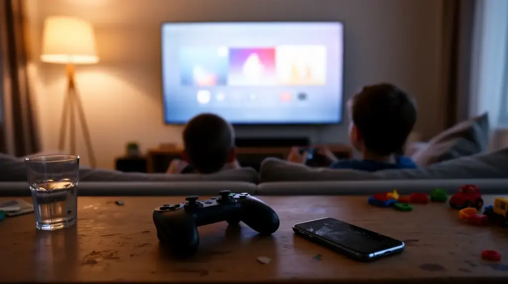 Scène salon moderne enfants joue console controle parental console
