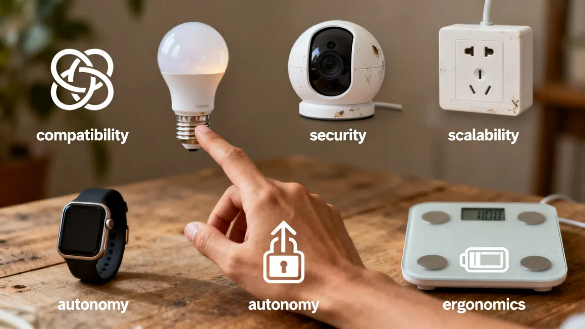 Main sélectionnant objets connectés pictogrammes compatibilité sécurité