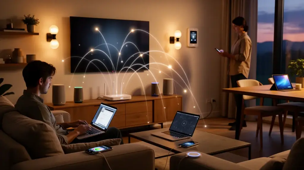 cybersecurite a la maison avec de nombreux appareils connectes et reseau wi fi visible