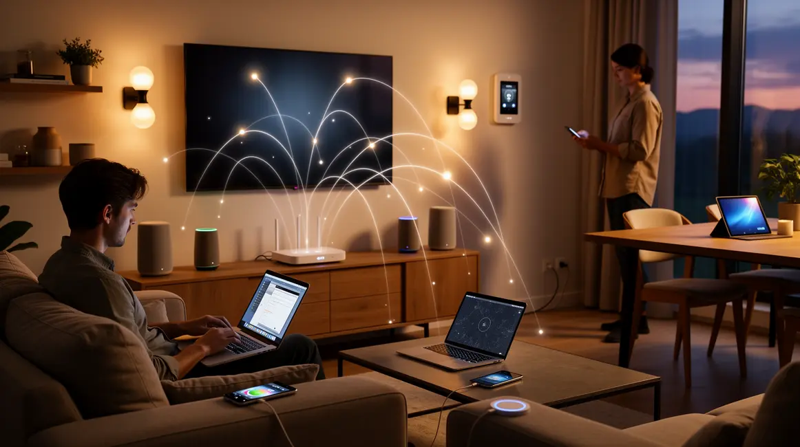 cybersecurite a la maison avec de nombreux appareils connectes et reseau wi fi visible