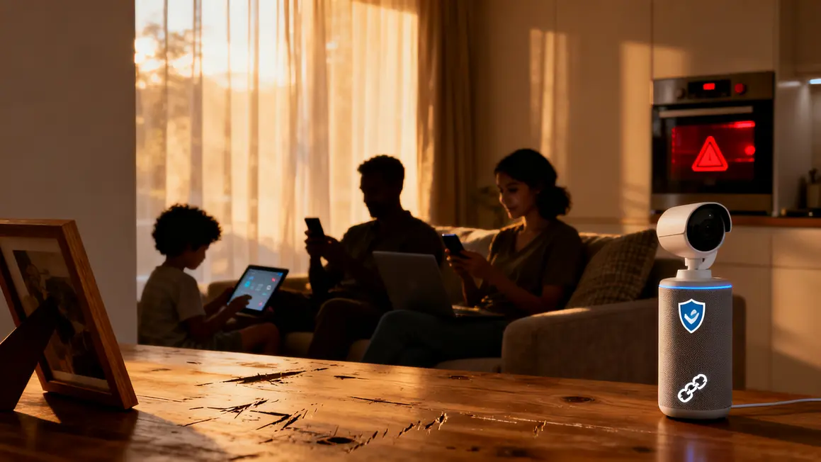 Famille utilisant des appareils connectes avec symboles de cybersecurite a la maison