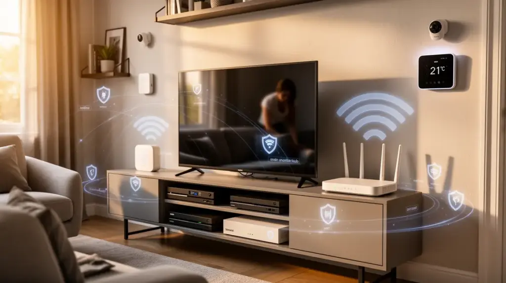 salon moderne avec objets connectes et cybersecurite