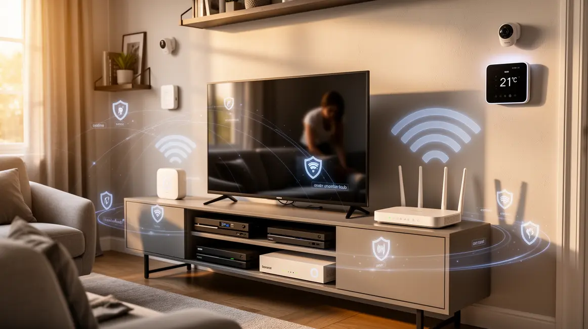 salon moderne avec objets connectes et cybersecurite