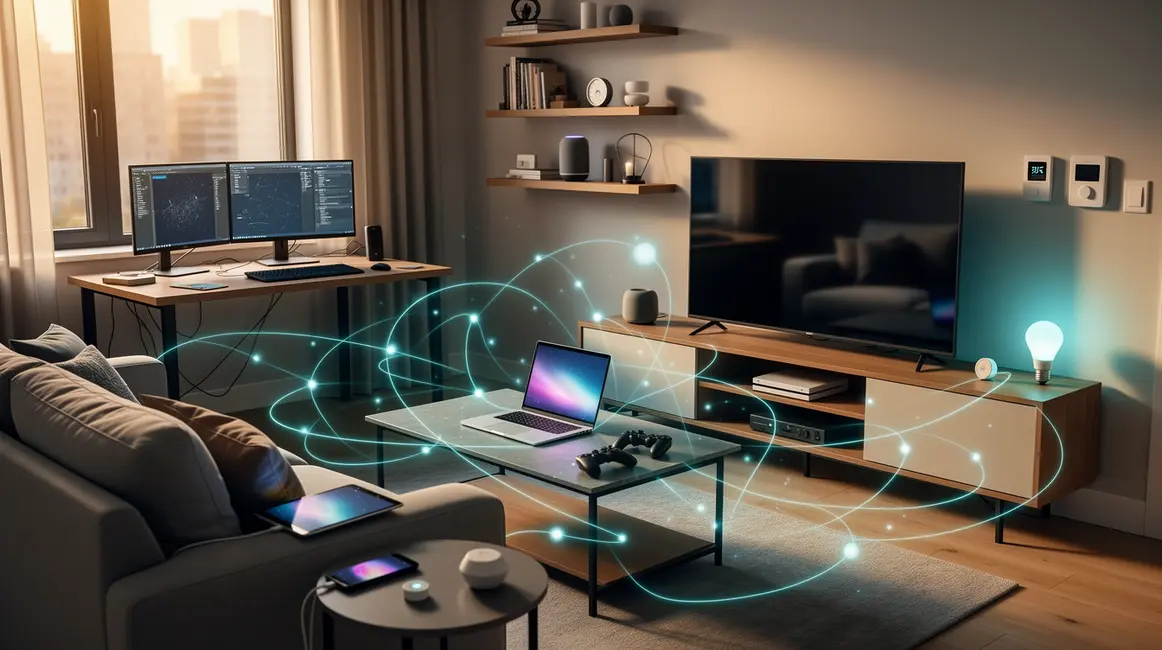 Salon moderne avec appareils connectes et mot cle cybersecurite a la maison