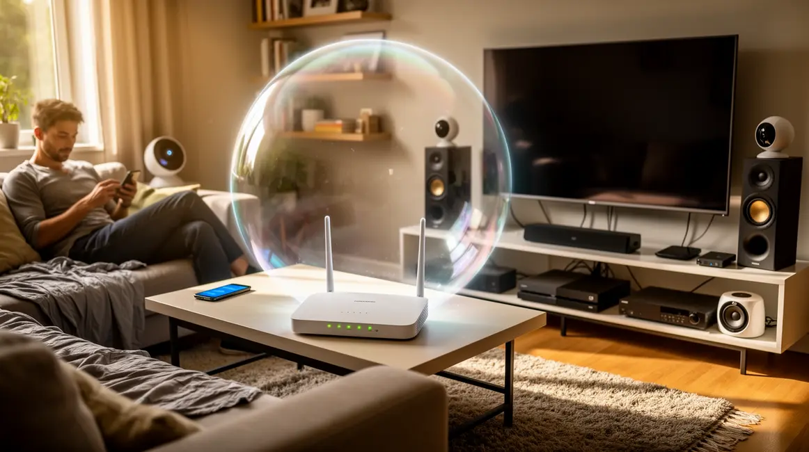 salon connecté protégé avec bulle de cybersécurité