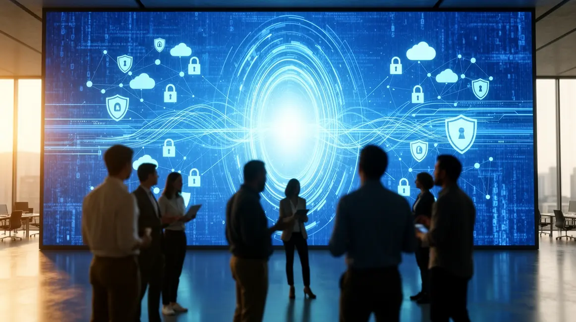 Mur digital bleu et symboles sécurité projet cybersécurité