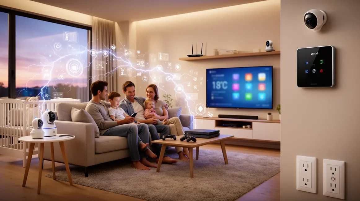 Famille entourée d'appareils connectés cybersécurité maison 2026