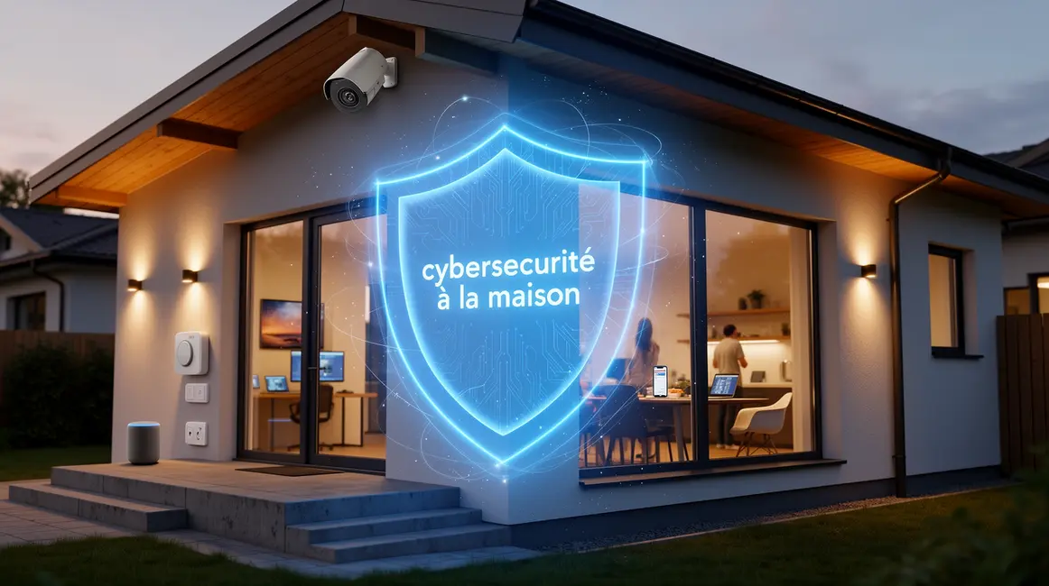 Maison moderne protégée par un bouclier digital, appareils connectés et sécurité