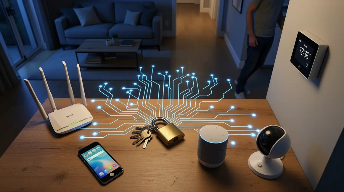 Illustration cybersécurité maison avec routeur objets connectés et texte