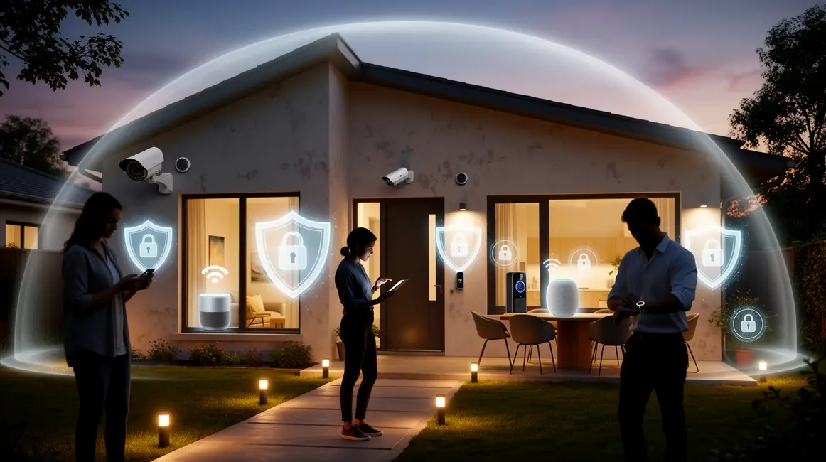 cybersécurité à la maison, silhouettes et objets connectés