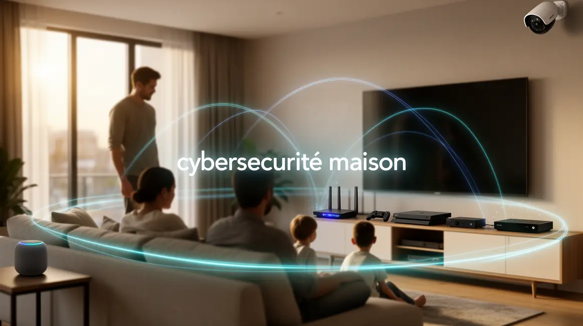 Salon avec appareils connectés et cybersécurité maison