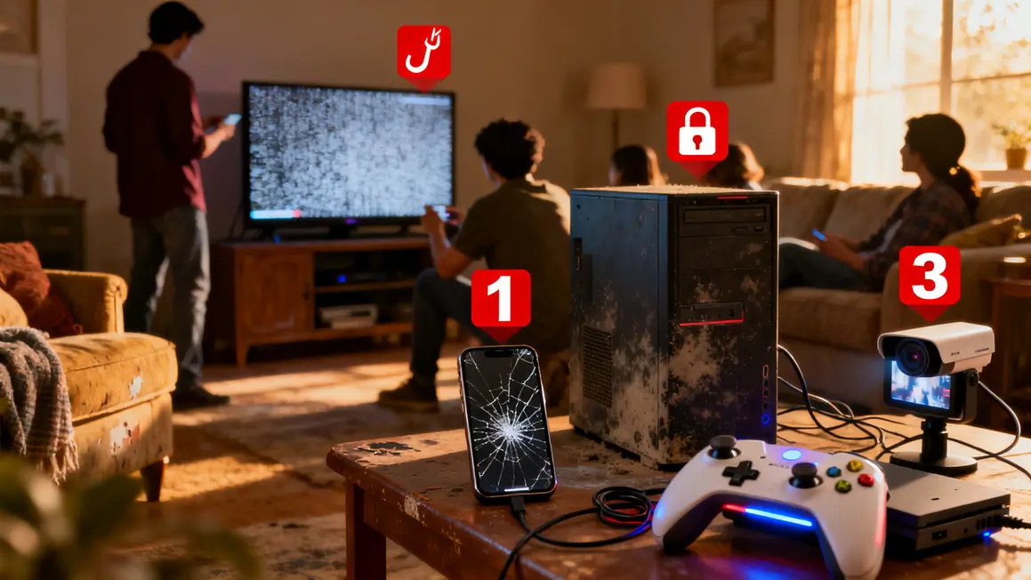 Cybersecurite salon familial avec appareils risques numeriques
