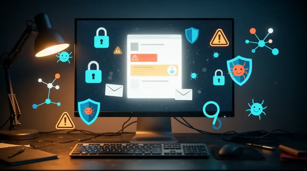 Ecran ordinateur avec pictogrammes cybersecurite et texte signes d'alerte