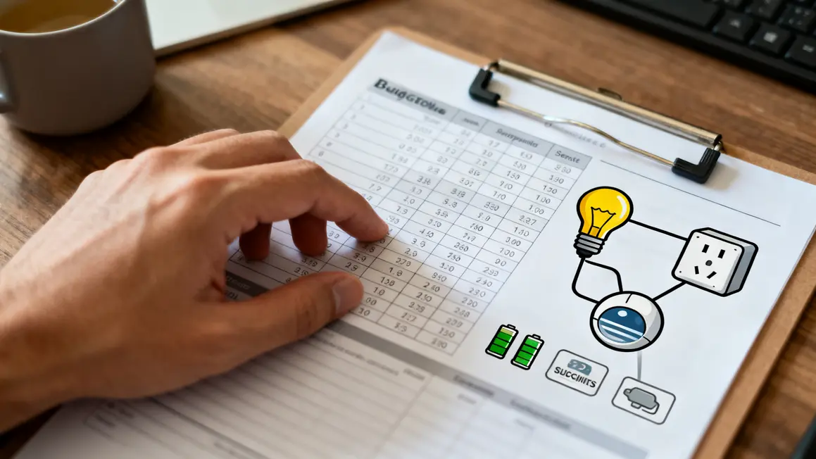 Main préparant budget avec objets connectés pictogrammes et piles