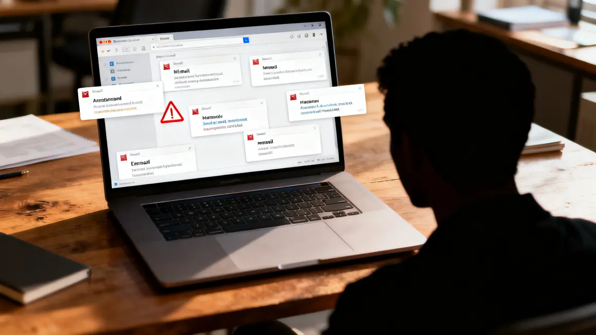 Boite mail avec emails suspects et personnage attentif cybersecurite