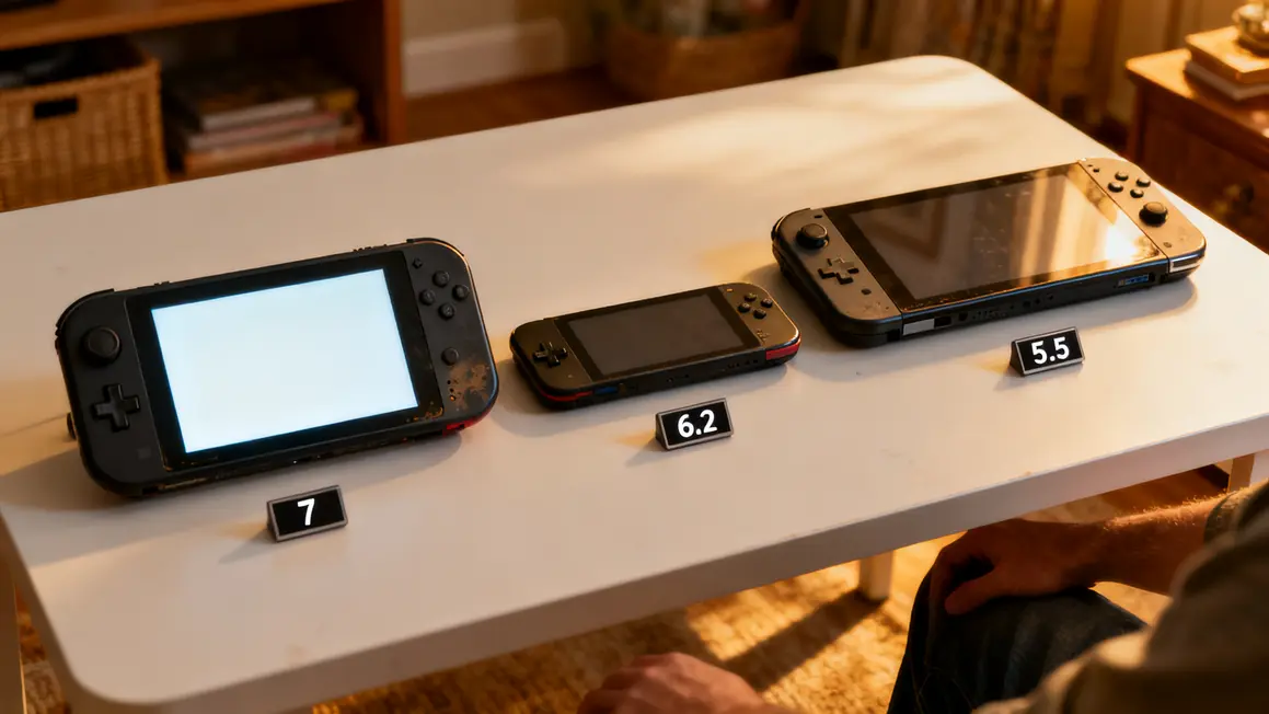 Trois Nintendo Switch côte à côte, tailles écran 7, 6.2, 5.5 pouces