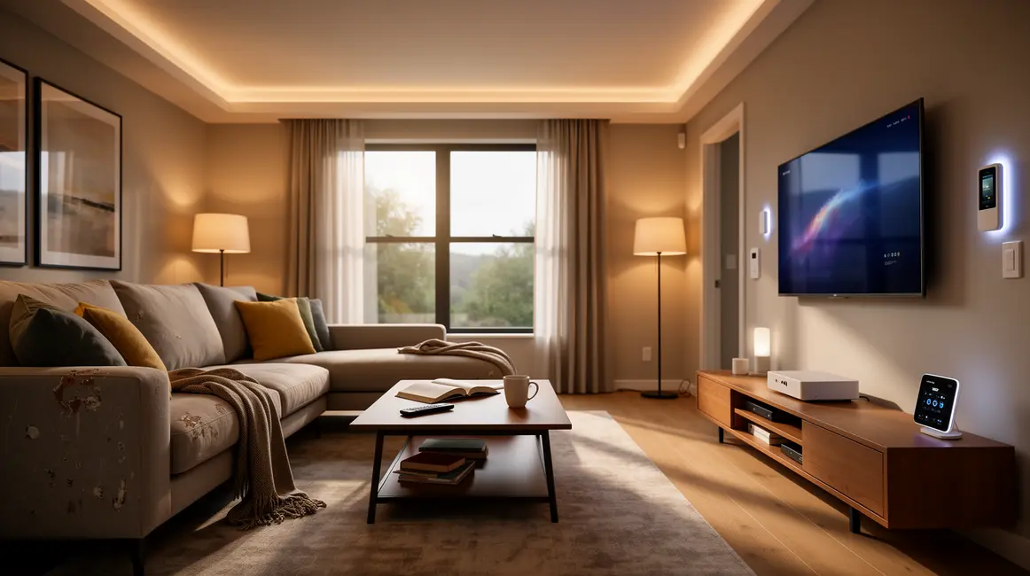 Vue réaliste salon moderne domotique objets connectés