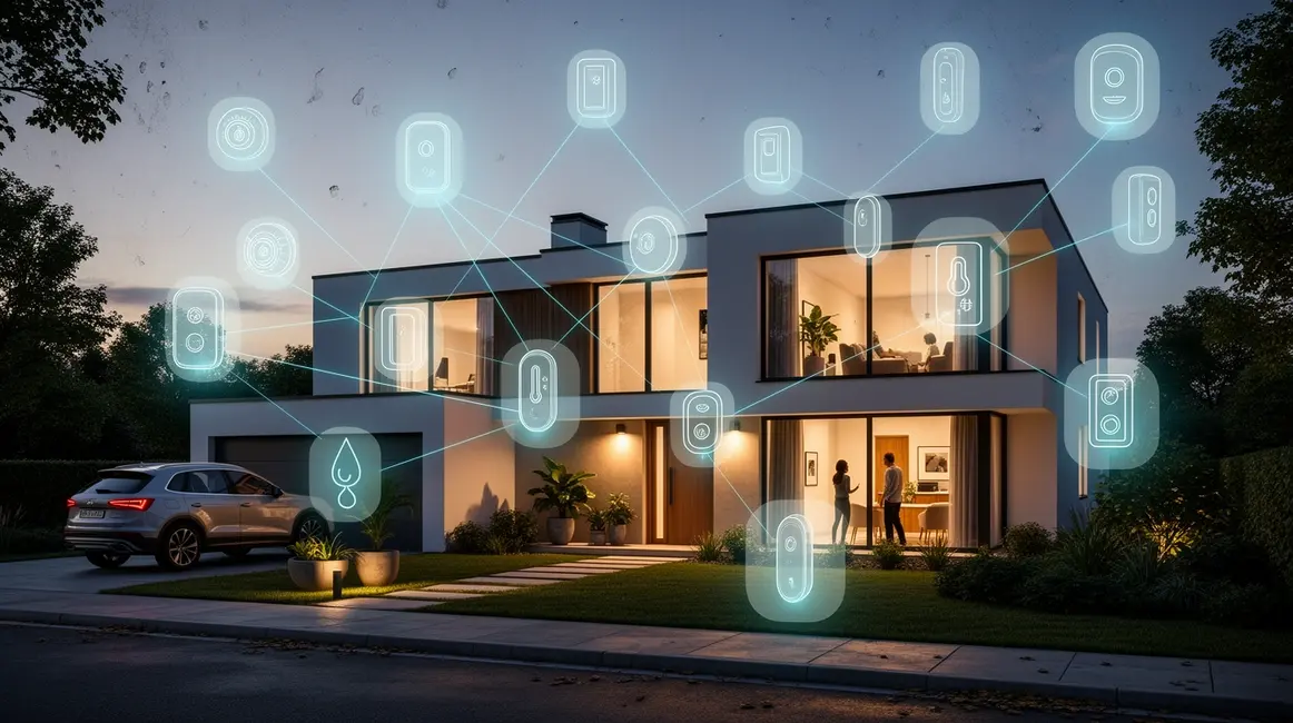 Vue maison moderne avec capteurs domotique securite