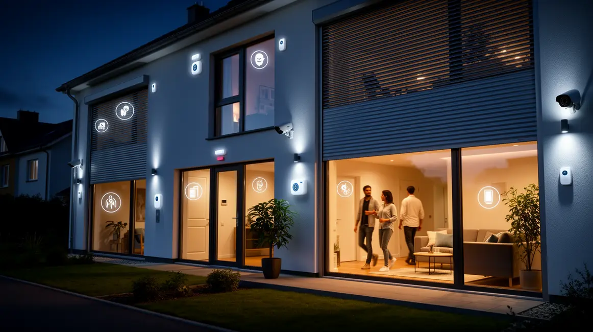 Maison connectée sécurisée nuit avec appareils domotiques