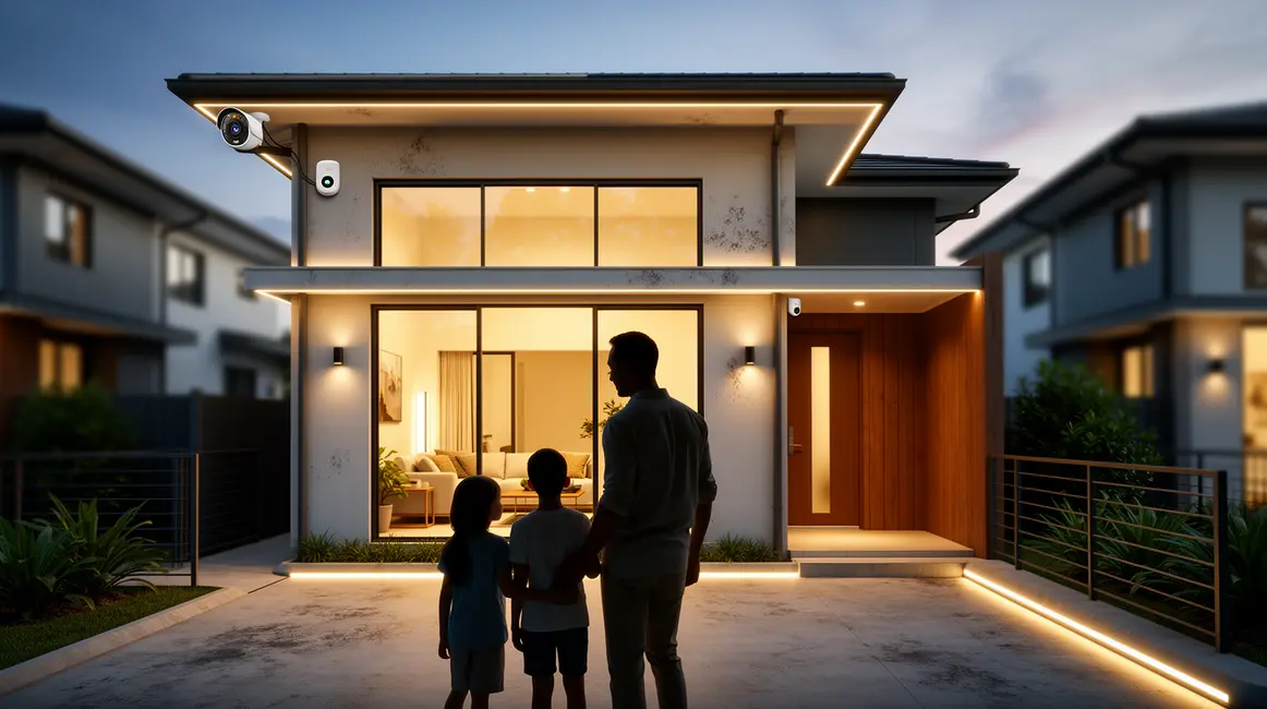 Famille devant maison connectée sécurisée domotique