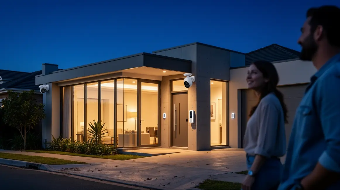 domotique sécurité maison moderne nuit capteurs caméra