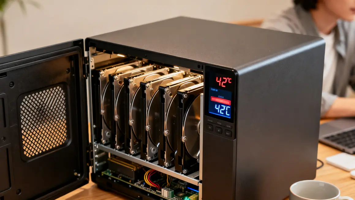 Boitier NAS ouvert avec disques durs, affichage temperature et alertes systeme