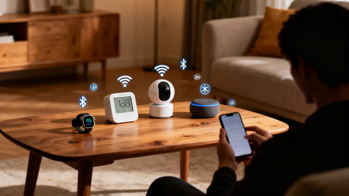 Objets connectés sur une table avec réseaux Wi-Fi Bluetooth Zigbee