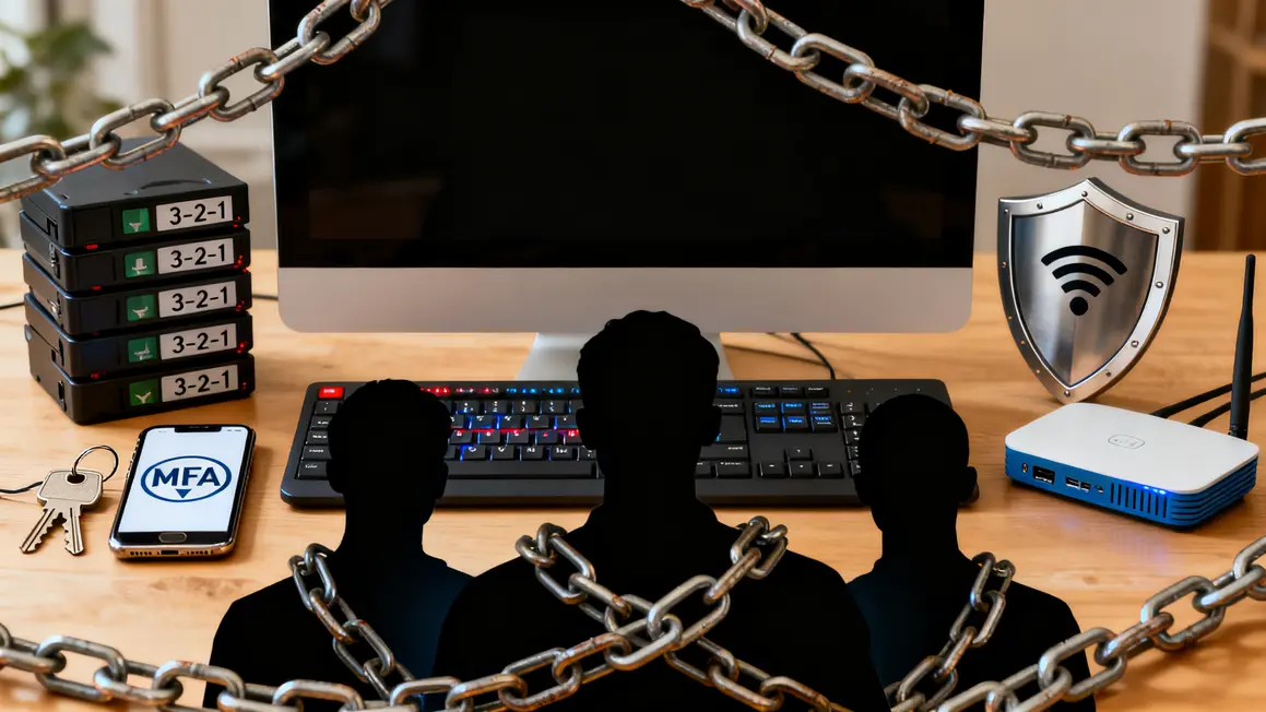 ordinateur mot de passe fort mfa sauvegarde 3-2-1 bouclier wifi sécurisé sécurité numérique
