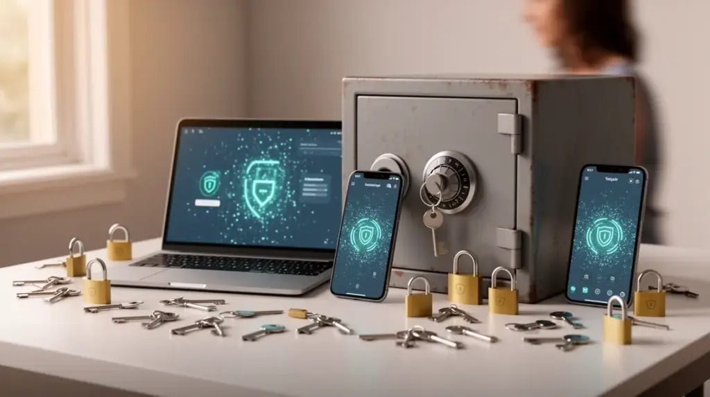 Ordinateur et coffre-fort entourés de cadenas, symboles gestion mots de passe budget