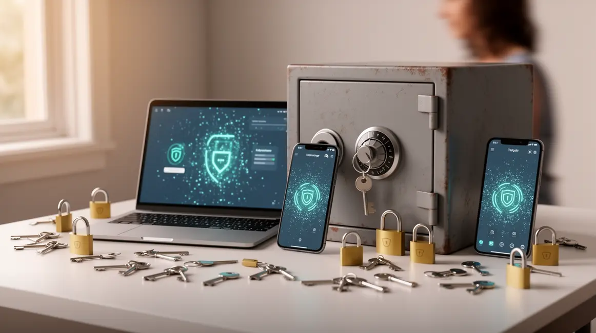 Ordinateur et coffre-fort entourés de cadenas, symboles gestion mots de passe budget