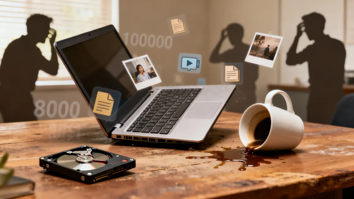 PC renverse, disque tombe, donnees perdues, chiffres incidents sauvegarde