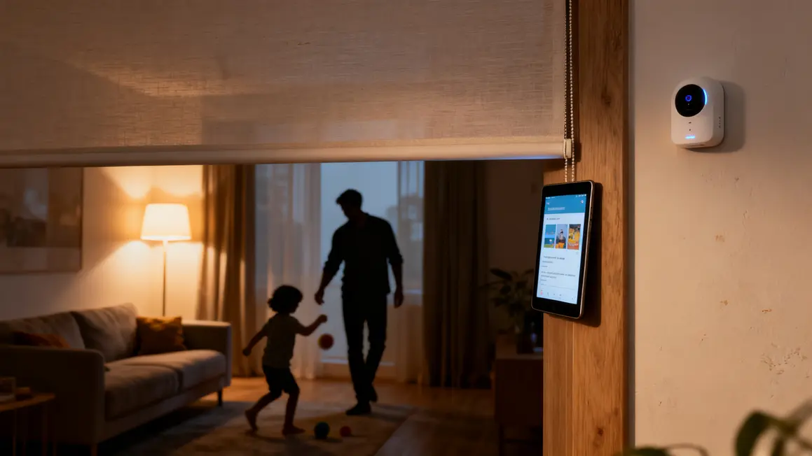 Éclairage connecté, volet roulant, salon famille, sécurité domotique