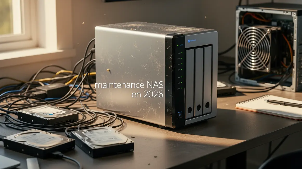 NAS domestique sur bureau moderne avec disques durs, cables et ventilateur