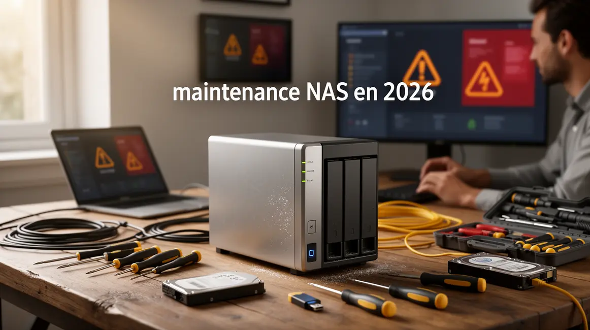 NAS moderne avec outils de maintenance et alarmes, maintenance NAS 2026