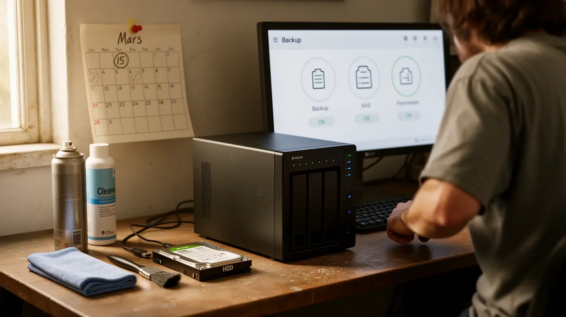 Bureau avec NAS calendrier outils et sauvegarde