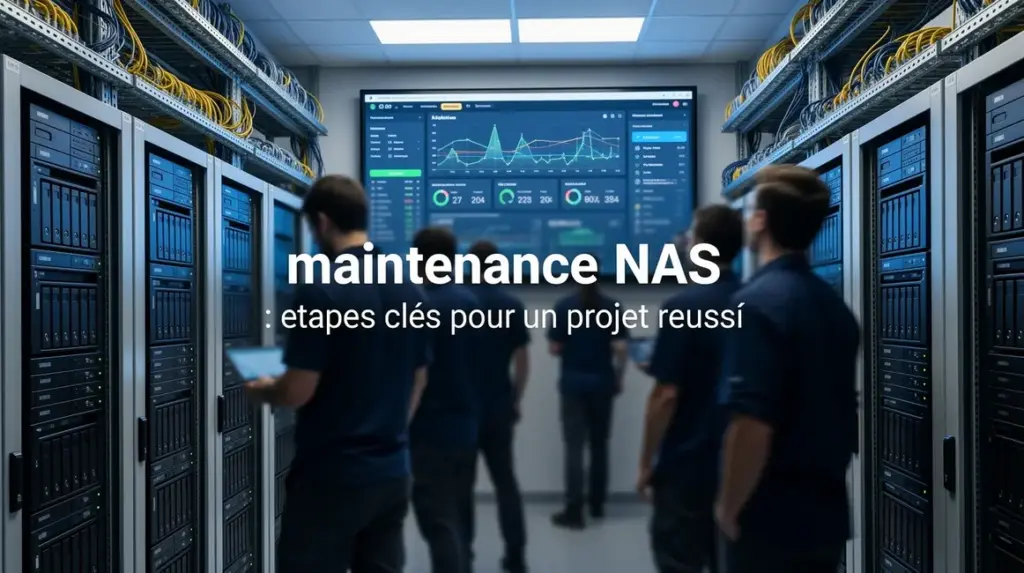 Salle serveur, technicien contrôlant maintenance NAS