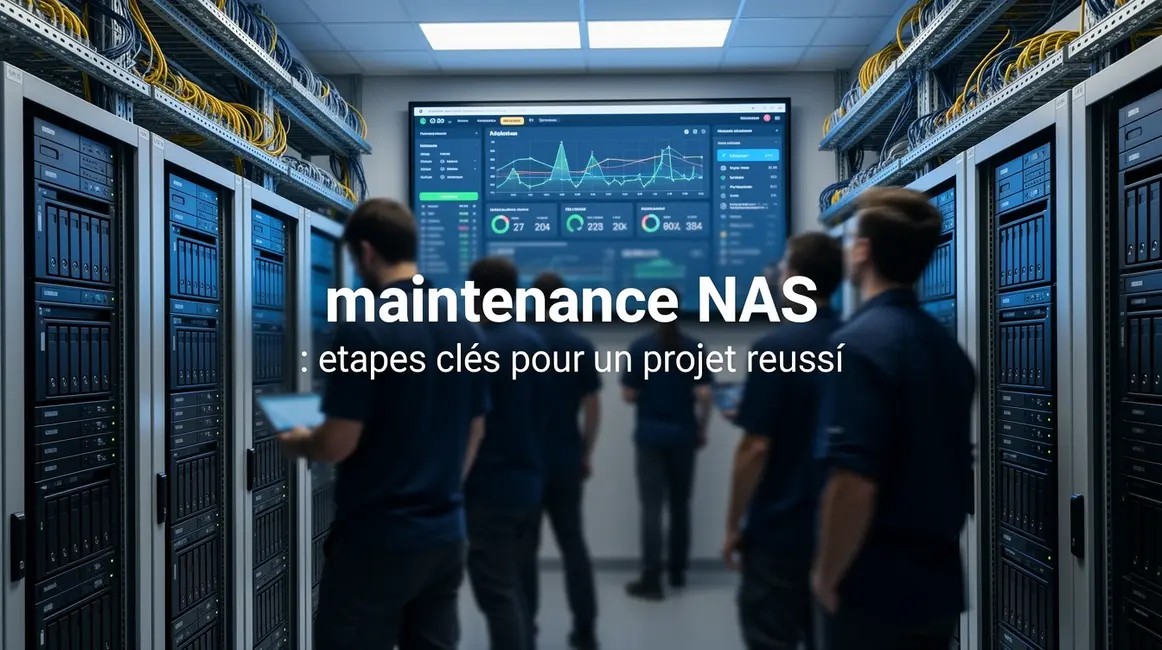 Salle serveur, technicien contrôlant maintenance NAS