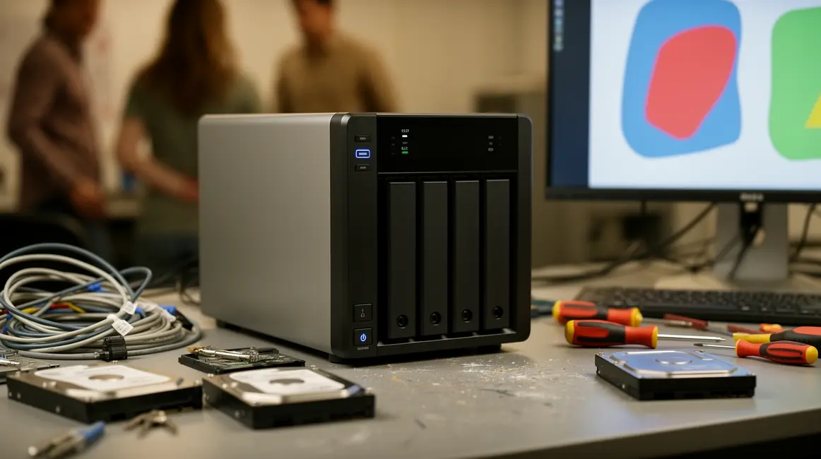 Maintenance NAS avec cables et disques sur table