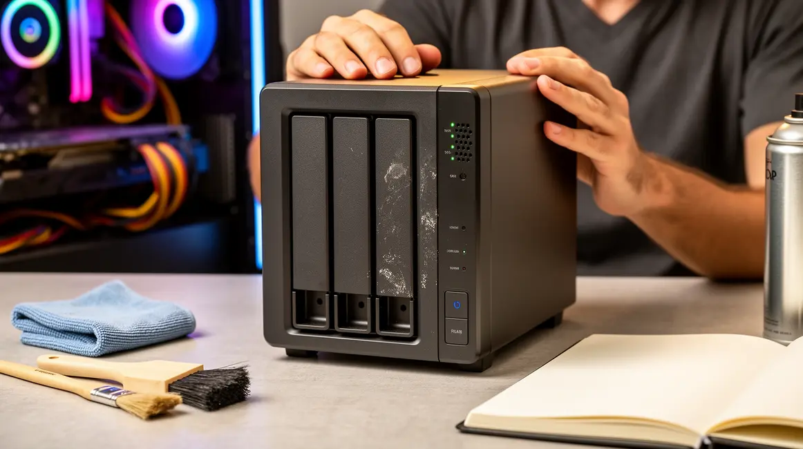 maintenance NAS sur table avec outils et carnet
