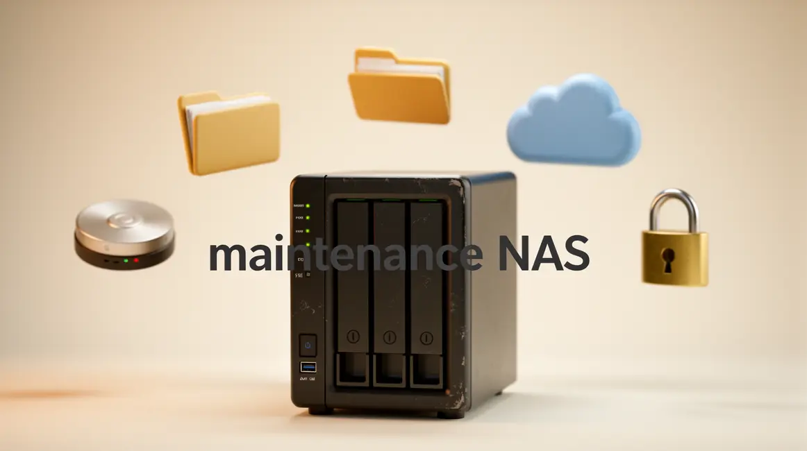 image maintenance NAS stylise avec icones de fichiers et securite