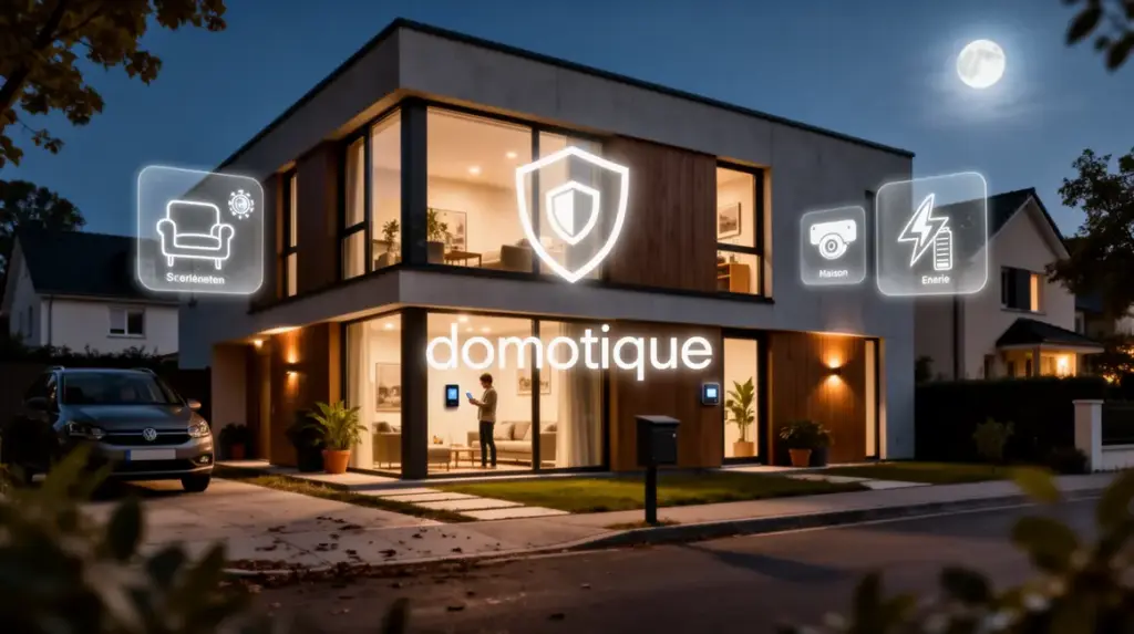 Vue photoréaliste maison moderne nuit domotique