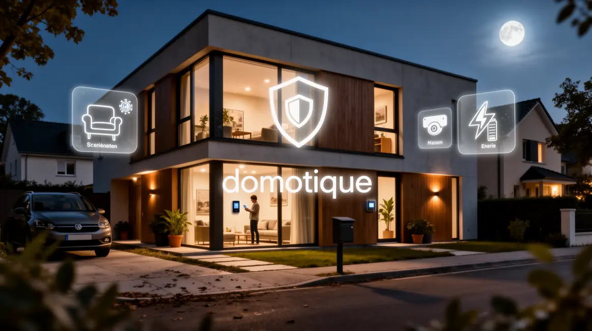 Vue photoréaliste maison moderne nuit domotique