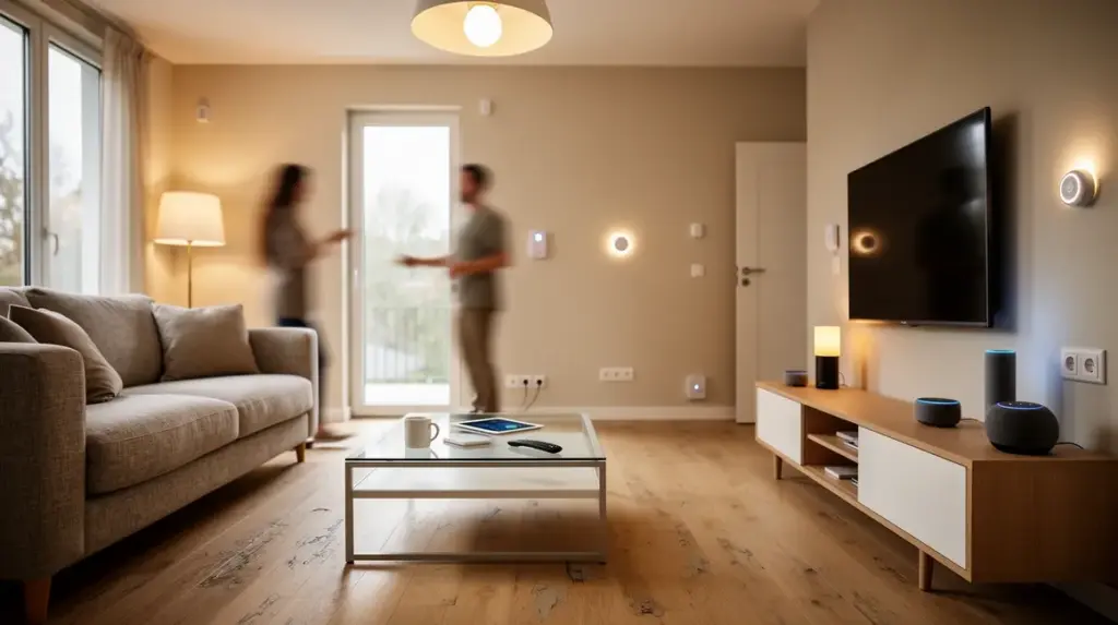 vue salon moderne avec appareils connectés