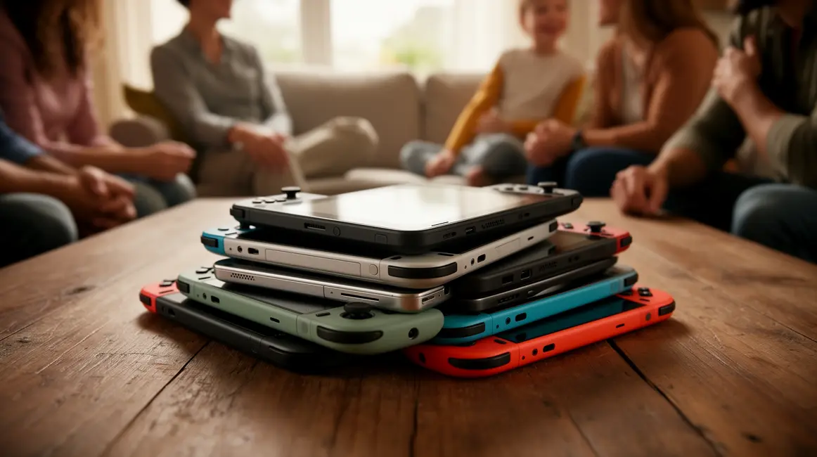 Pile Nintendo Switch comparatif sur table ambiance famille