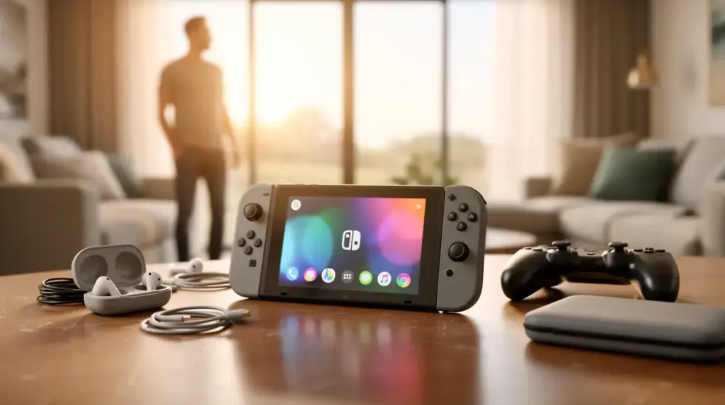 Nintendo Switch et accessoires sur table