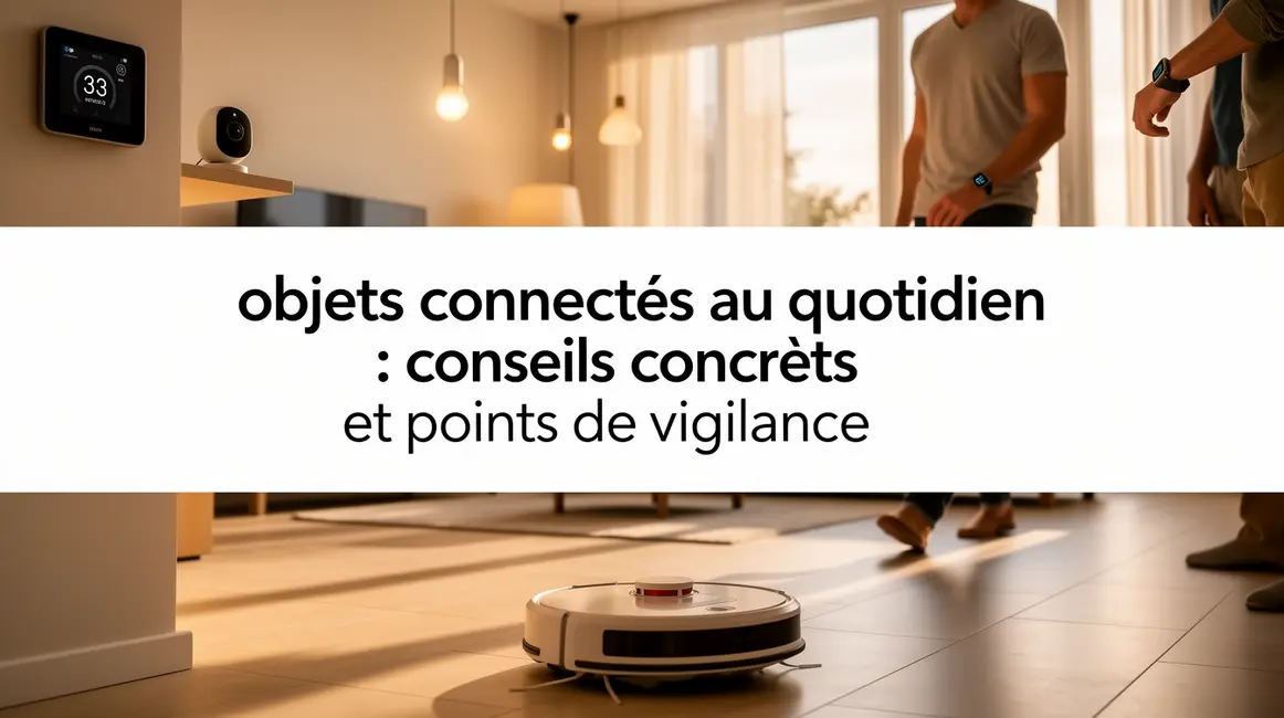 Maison moderne avec objets connectés courants et texte conseils sécurité